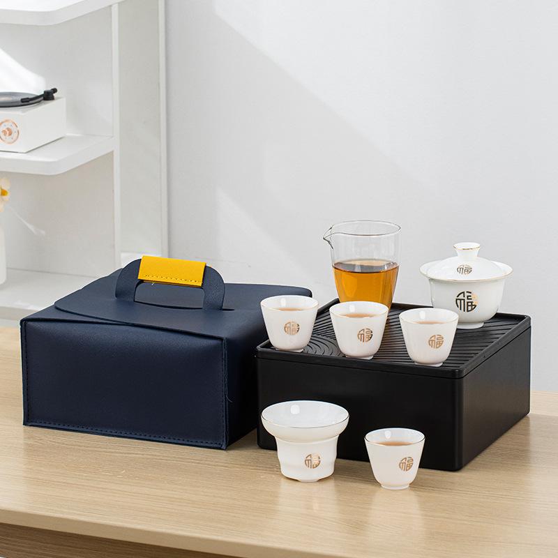 

Ceramic suet jade travel tea set Business banking company activities Mid-Autumn Festival gifts High white mud ceramics