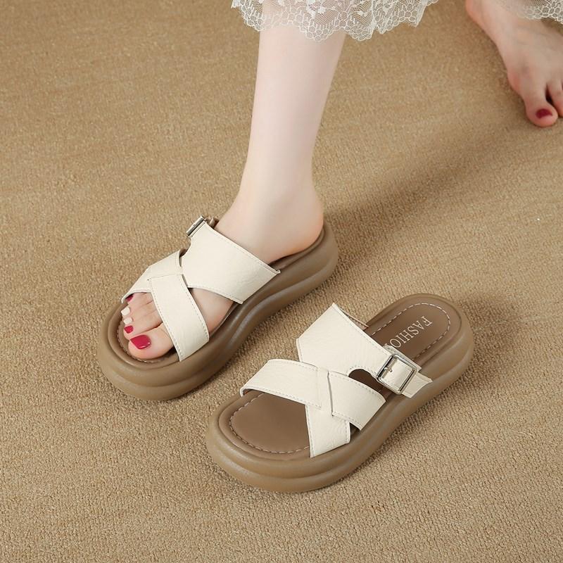 Cross-strapped thick-soled heightening slippers for women to wear retro fashion muffin sandals soft-soled beach slippers with skirts