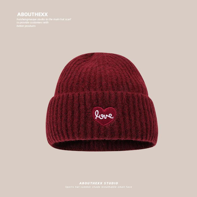 Love Heart Embroidered Knit Hat With Windproof Warmth For Autumn Winter Burgundy