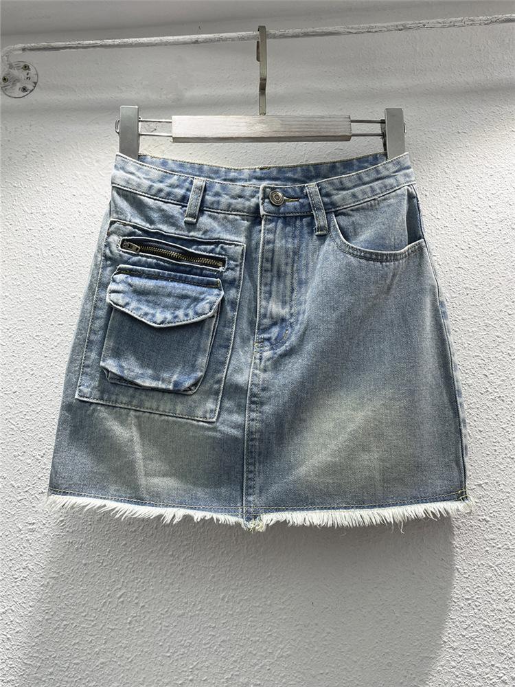 European personalized zipper decoration unilateral three-dimensional pocket denim skirt versatile fringed rough edge anti-light skirt S синий