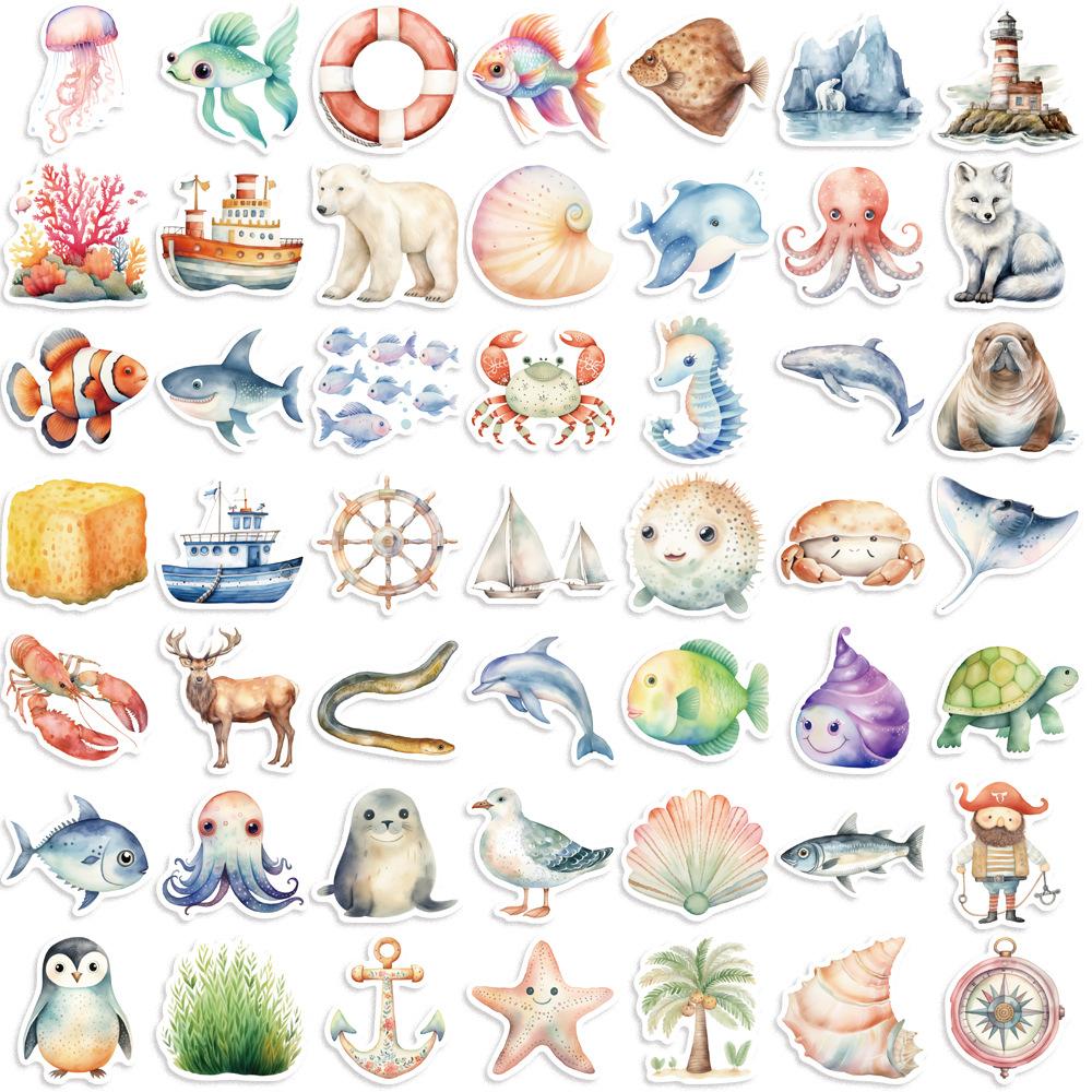 50 Cartoon Watercolor Sea Animal Stickers Decorative Guitar Notebook Suitcase DIY Waterproof Stickers