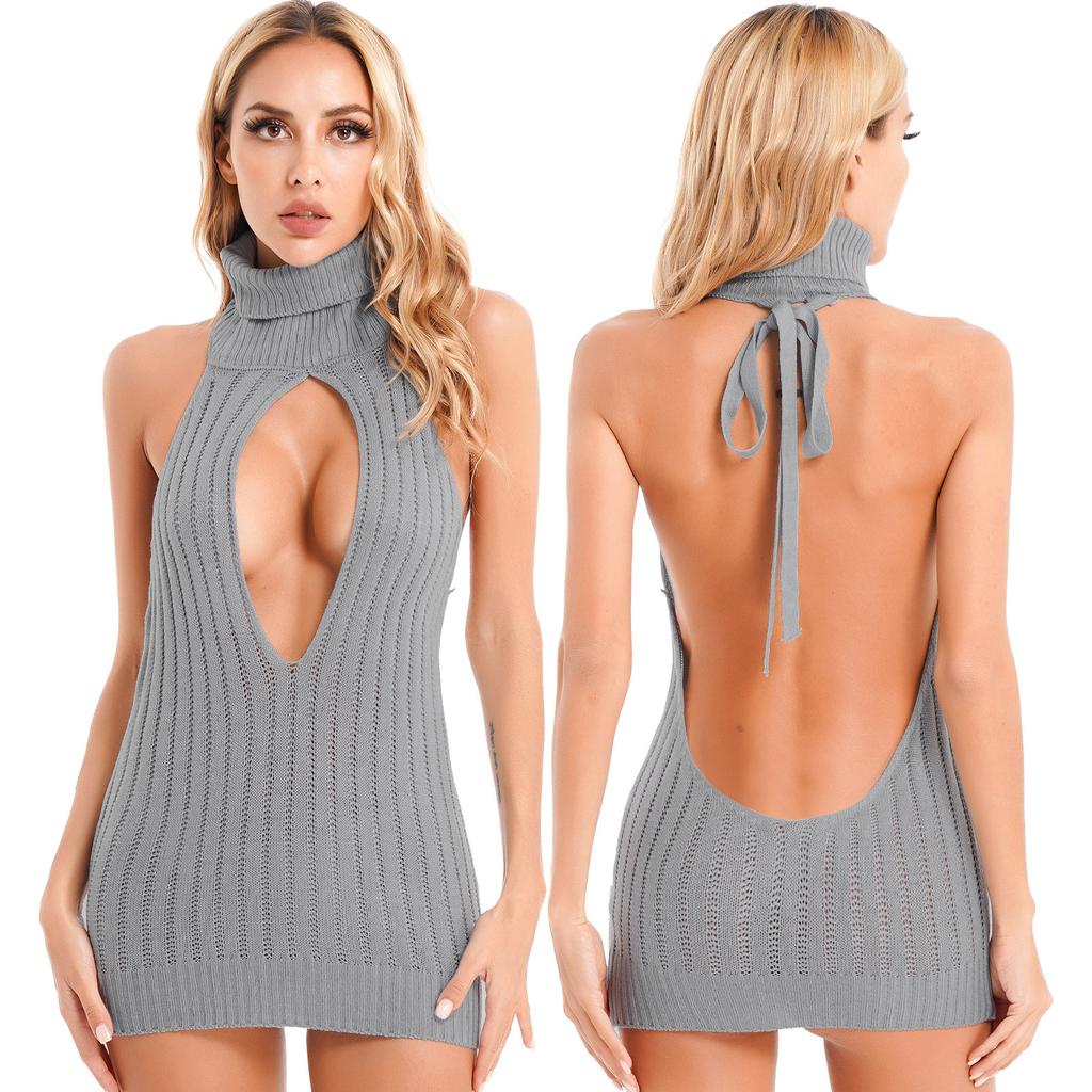 Womens Backless Ribbed Knit Dress Keyhole Lace-Up Mini Clubwear Turtleneck Nightwear