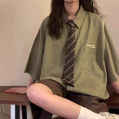 Women's Green & White Retro Casual Short-Sleeve Tie Shirt