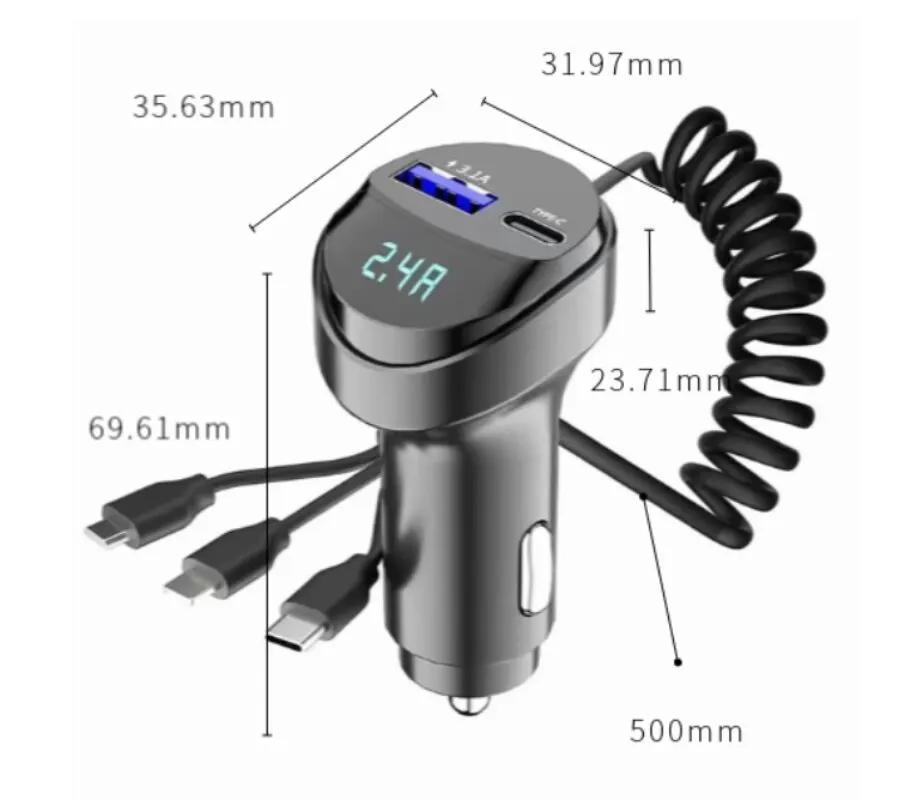 55W 2-Port USB Car Charger with Voltage Display Fast Charging 3.1A Retractable Cable Three-In-One Design for iPhone Samsung