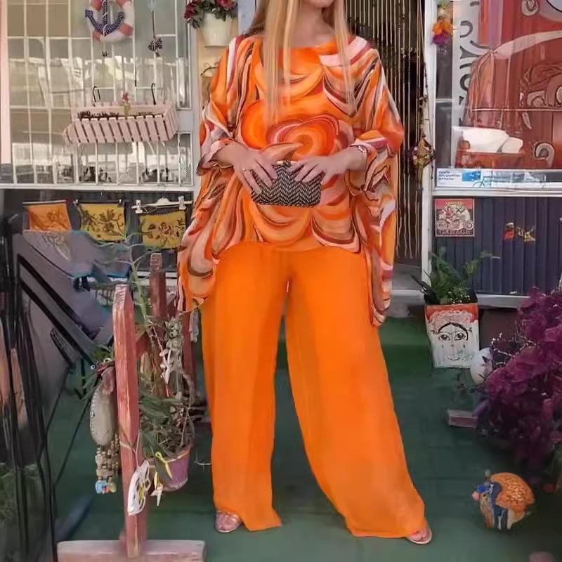 2024 Colorful Chiffon Casual Print Round Neck Two-Piece Summer Set