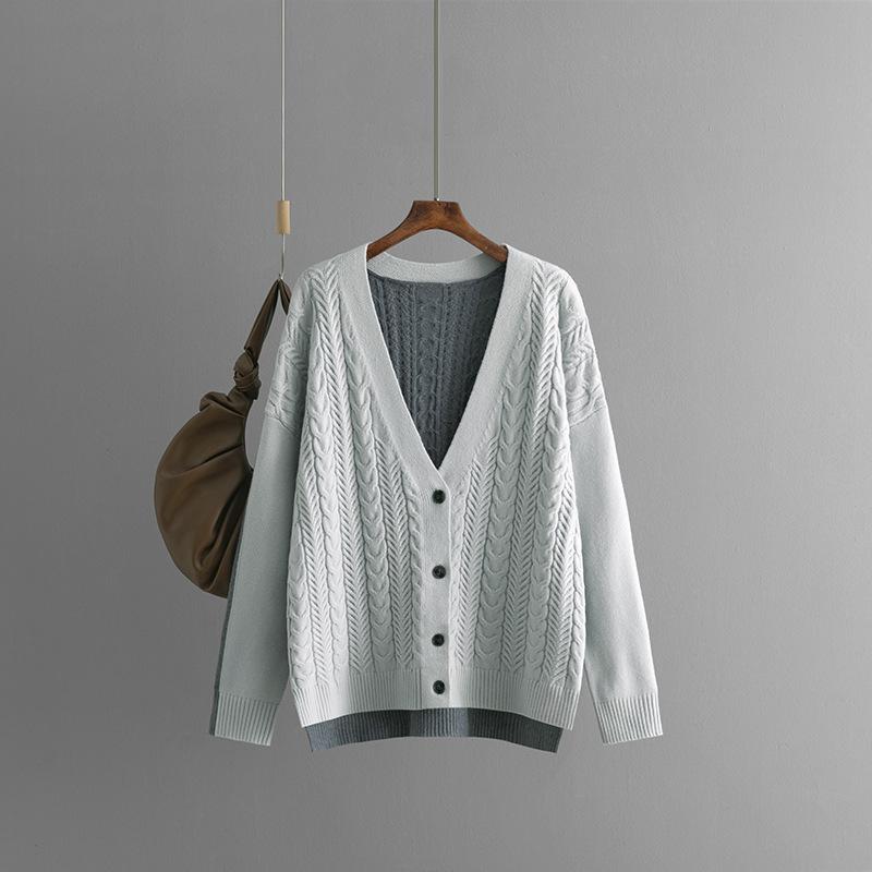 Autumn Winter Vintage Loose Long Sleeve Top Block Color Cardigan Pullover Knitwear Twists V-neck Sweater