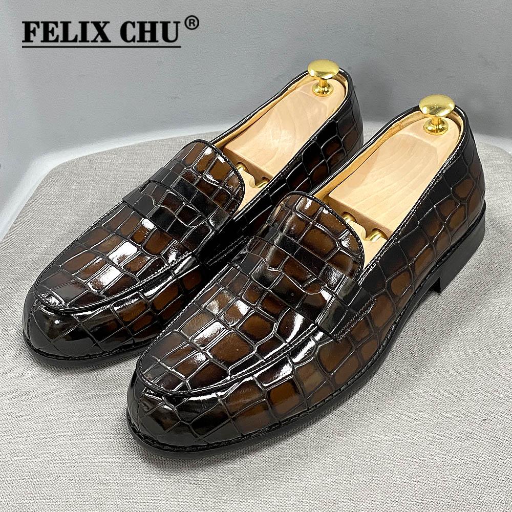 Brand Design Luxury Mens Penny Loafer Genuine Cow Leather Male Dress Shoes Round Toe Alligator Print Wedding Party Shoes for Men