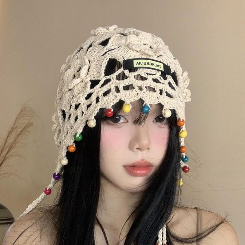 Bohemian Floral Tassel Woven Head Wrap Hat Women's Retro Hollow Ethnic Style Slouchy Hat Hand-Knit Cap