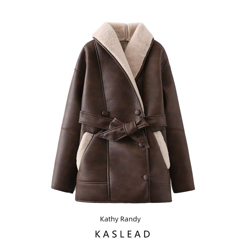 Kaslead New Women clothes Western Style Fashion Simple Two-Color Fur Integrated Trench coat Lace-up Outerwear