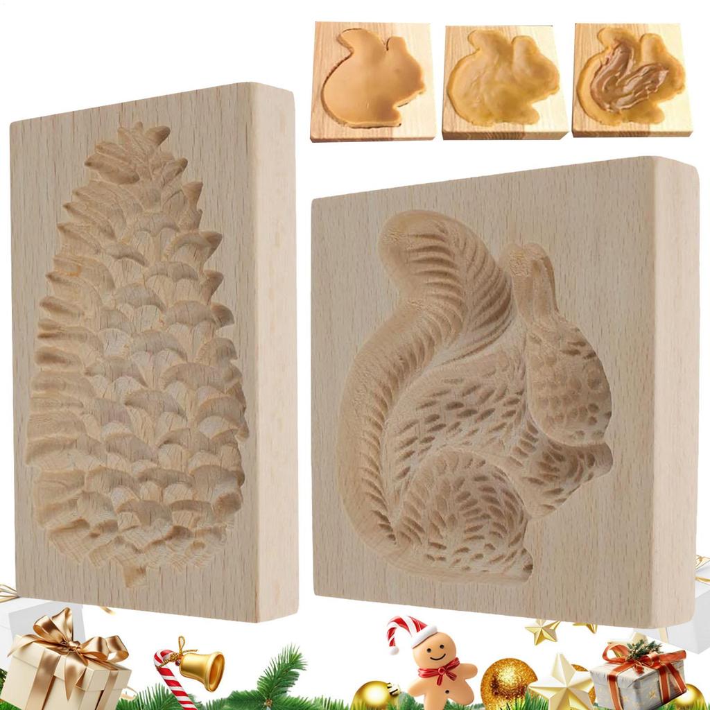 2 Pieces Wooden Cookie Molds 3D Squirrel And Pine Cone Biscuits Mold Set Reusable Cutter For Easter Halloween Christmas Party