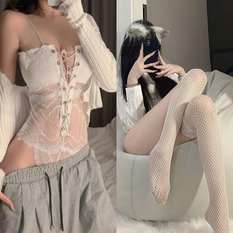 Sexy See Through Lace Erotic Bodystocking Open Crotch Teddy with Suspenders Harness Push Up Effect French Maid Costume for Women