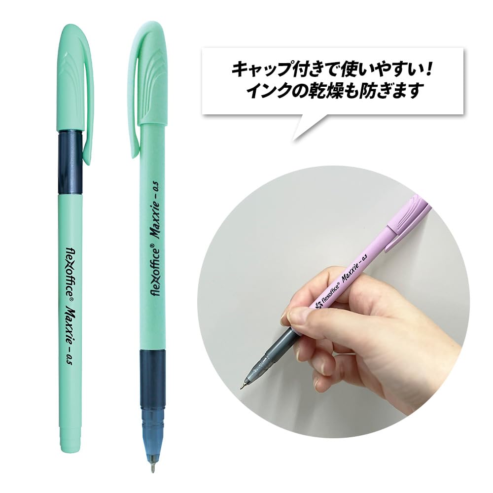 Flexoffice Smooth Ballpoint Black 6 Colors for School and Office Use Oil-Based Pens, 25-Piece Set, Ink, 0.5mm, (Blue, Green, Yellow, Pink, Orange,