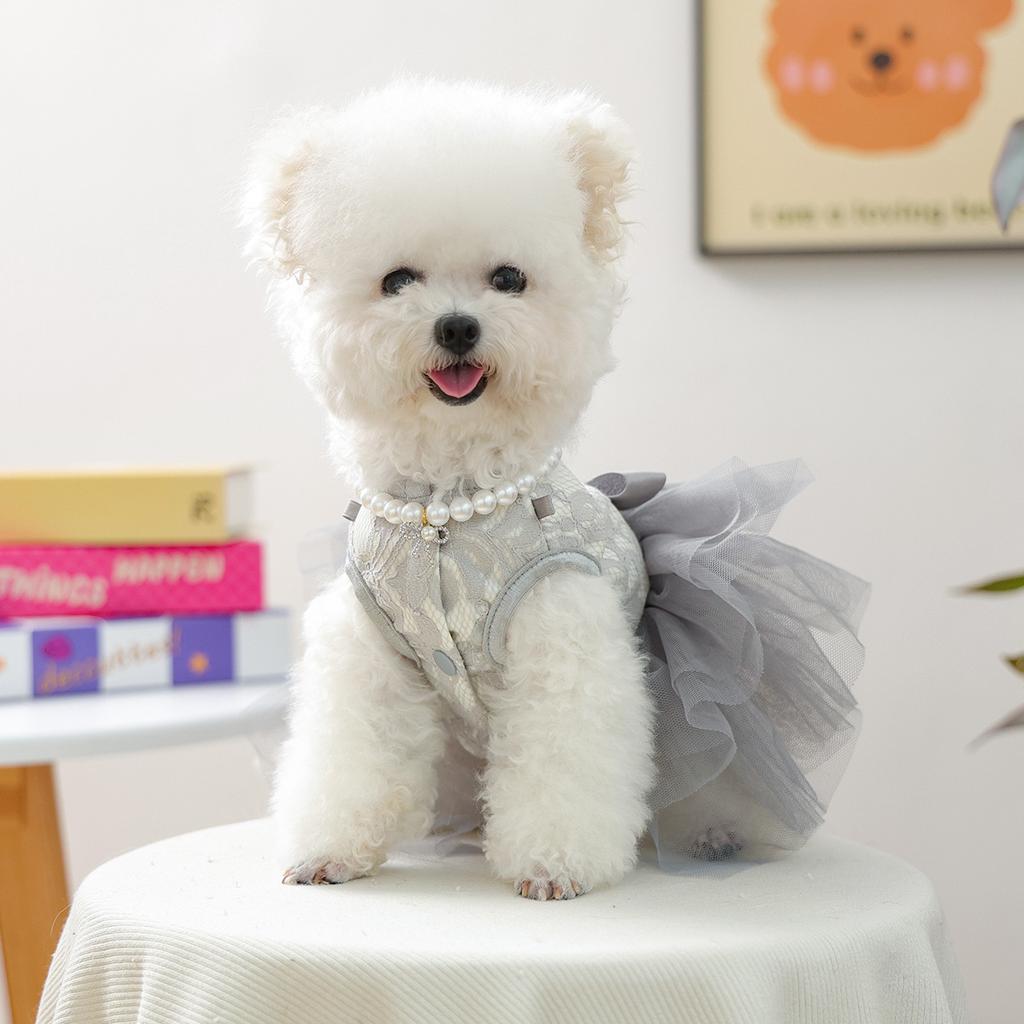 New Autumn/ Winter Cat Princess Dress Coat Pearl Necklace Gray Swan Dog Dress Pet Puppy Cat Clothes