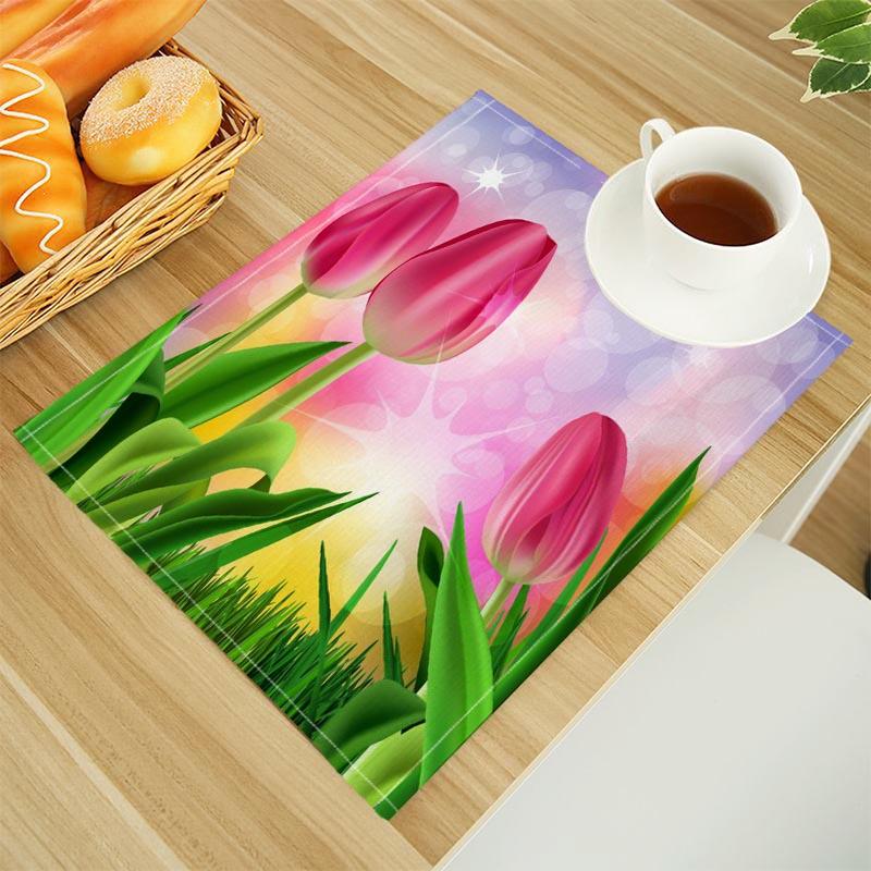 

Tulips Print Linen Dining Table Mats Alphabet Kitchen Placemat 30X45cm Coasters Pads Bowl Cup Mat 2pcs 30x45cm