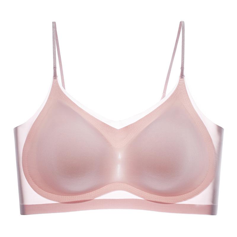 Sujetador acolchado de seda de hielo ultrafino, ropa interior sin costuras, sección delgada para mujer, tirantes hermosos, chalecos en la espalda, sujetador para dormir pequeño con pecho grande