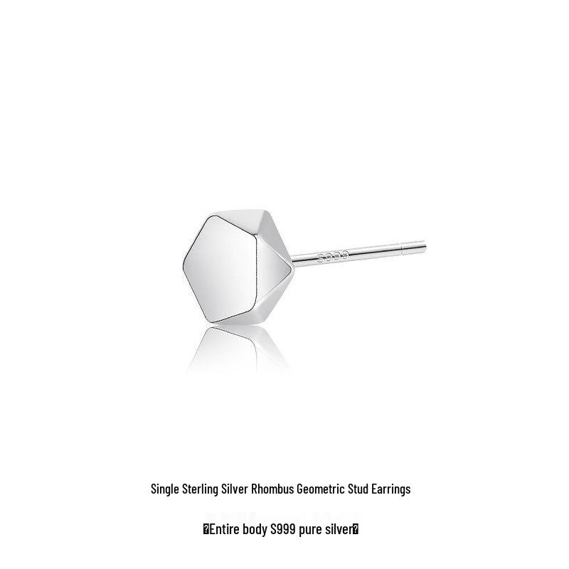 S999 Sterling Silver Geometric Rhombus Stud Earrings for Men - Trendy Black Ear Cuff Accessories S999 Sterling Silver