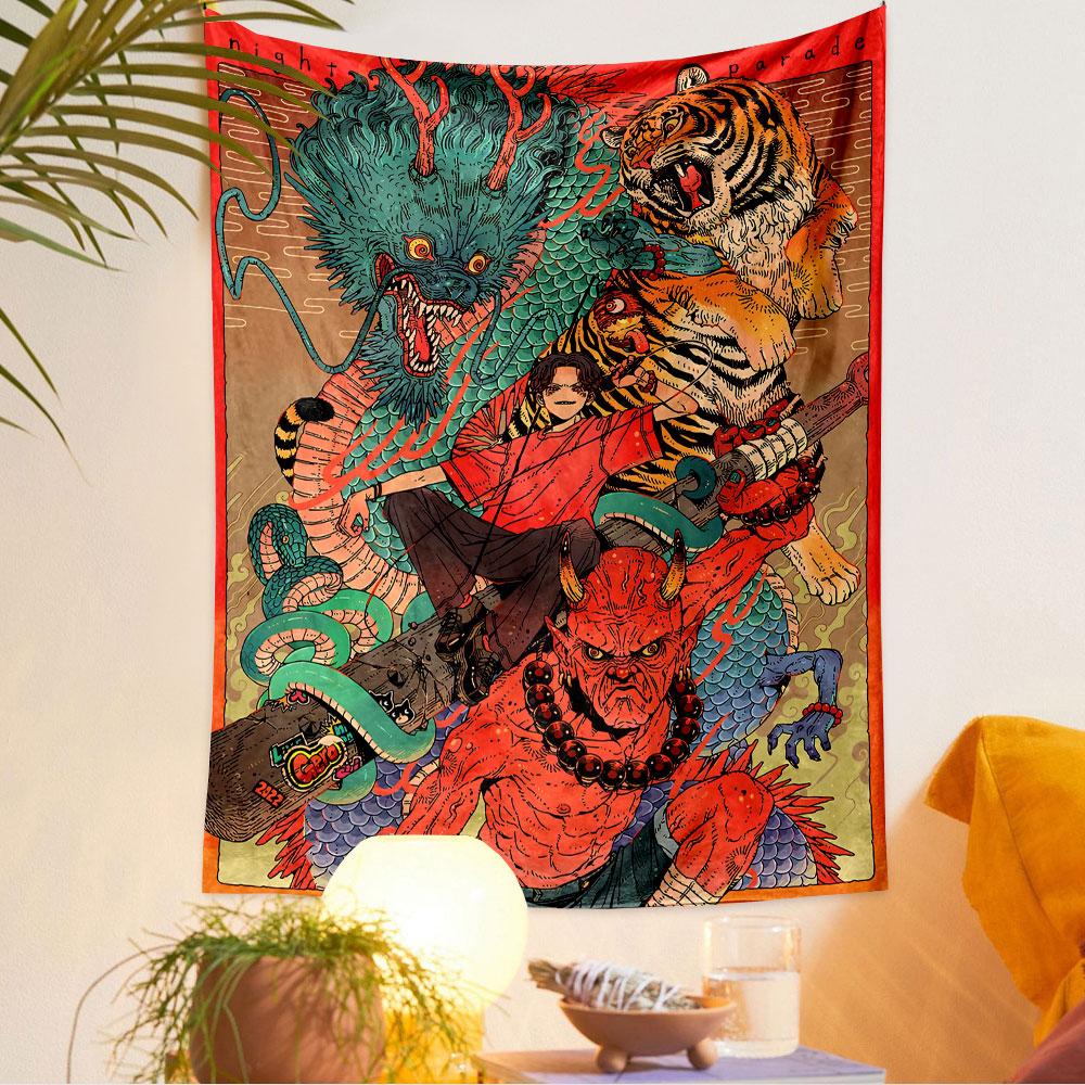 Night Parade Tapestry Wall Hanging, Japanese Yokai Festival Art, Oriental Wall Decor for Bedroom Living Room Dorm