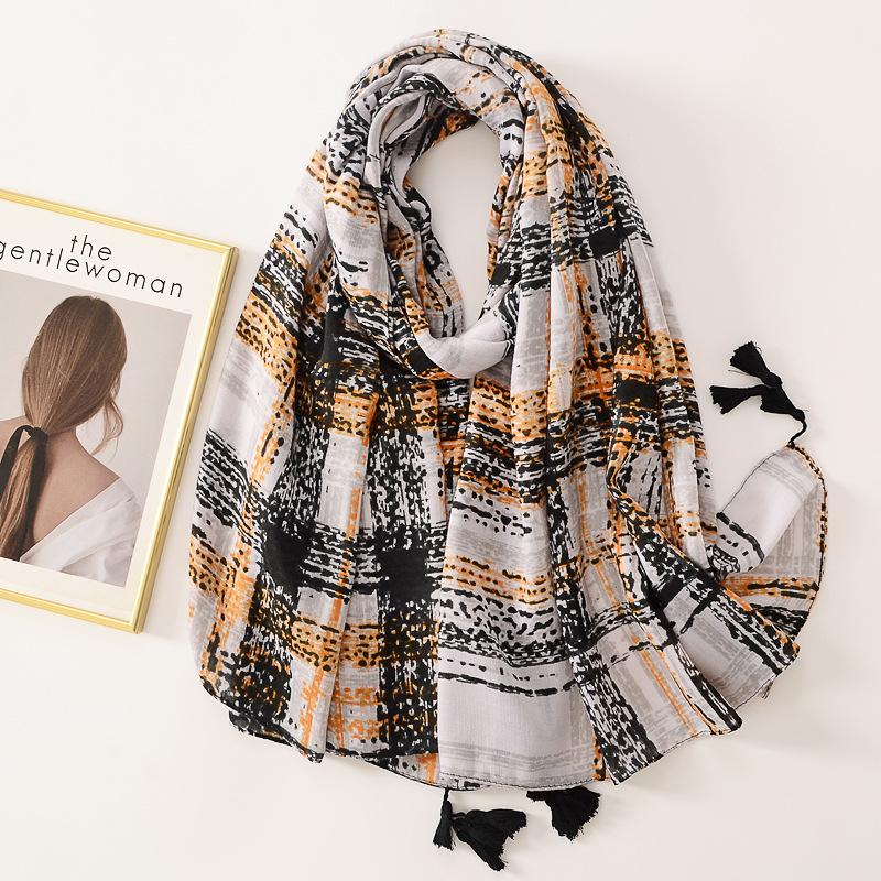 Beige Coffee Scarf Luxury Thin Womens Scarves Spring Floral Hijab Veils Soft Cotton Shawl Wrap Tassel Viscose Muslim Woman Hijab