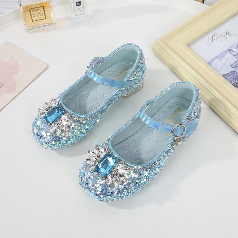 2024 New Autumn Crystal Princess Sequin High-Heel Leather Shoes for Girls