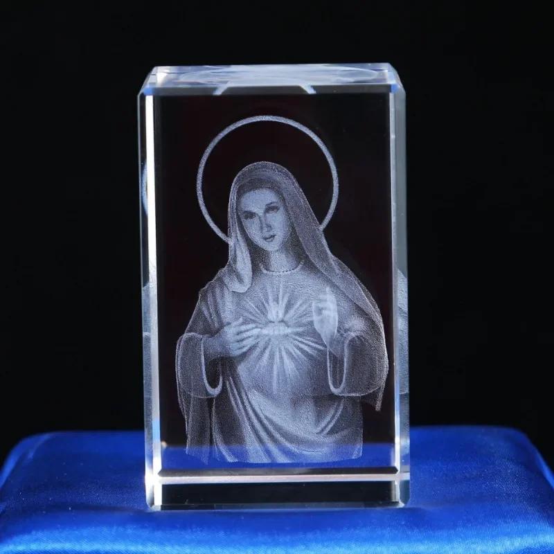 3D  Crystal Cube Christian Jesus Cross Figurine Home Decor Virgin Mary Laser Engrave Crystal Religious Gifts for Women's Birth
