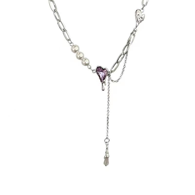 Design purple diamond love fringed pearl necklace female ins sweet cool babes hip hop collarbone chain trendy jewelry female