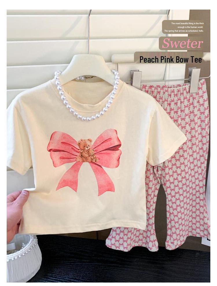 2024 Girls' Summer Bear Butterfly T-Shirt & Flared Pants Set