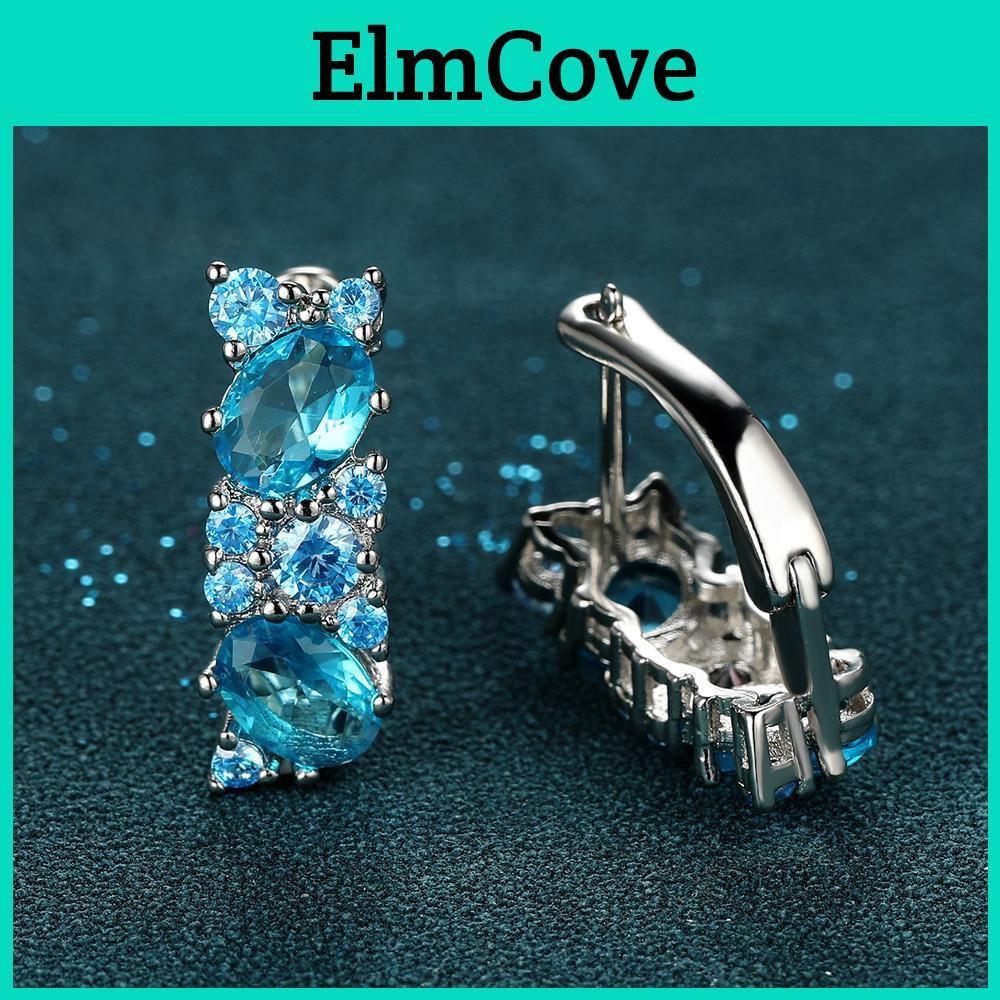 Color Geometry Round Female Silver Oval Cut Aqua Blue Stone Drop Earrings For Women Cz Ear Studs Anniversary Gift