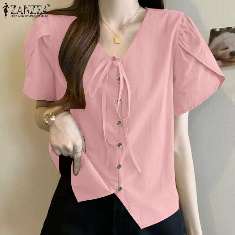 

ZANZEA Women Lace Up V-Neck Loose Casual Short Sleeve Blouse 5XL рожевий