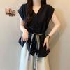 Plus-Size Korean Style V-Neck Buttoned Silk Scarf Sleeveless Women's Summer T-shirt - New Loose Slimming Design
