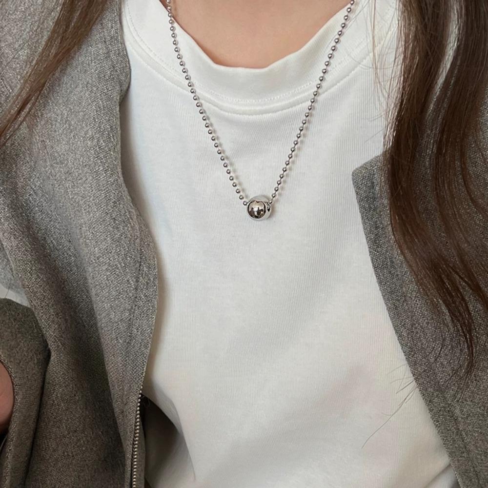 Personality Design Silver Color Stainless Steel Beaded Ball Pendant Necklace for Women Double Layer Hip Hop Rock Chokers Jewelry