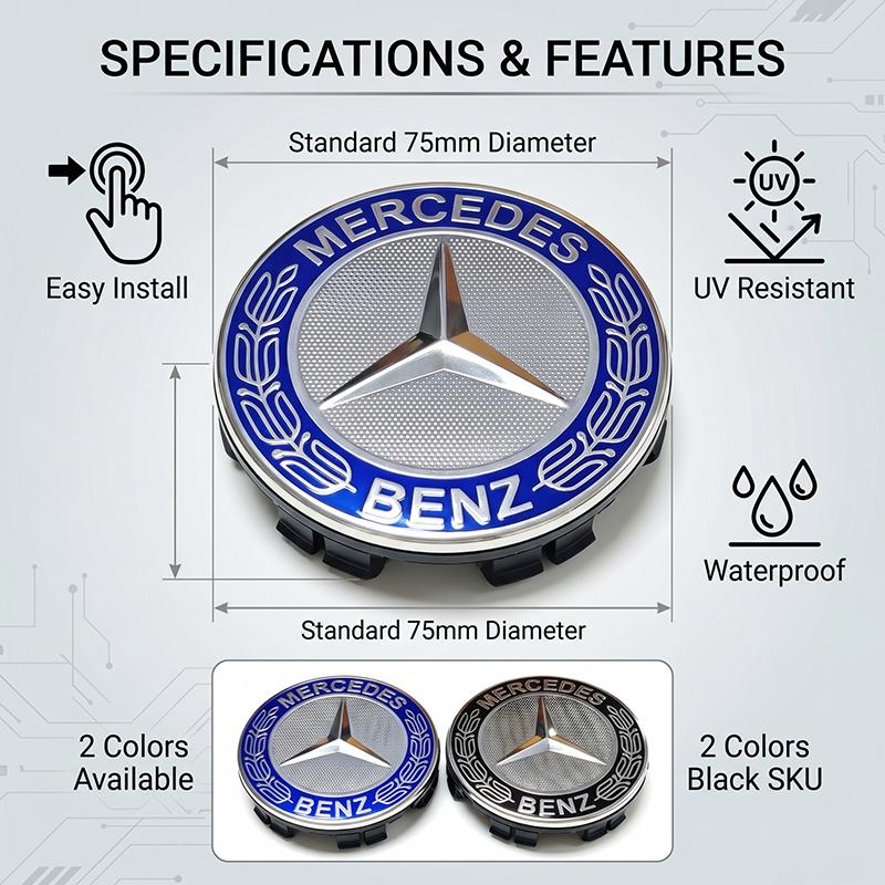 LRQ2   4PCS Car Wheel Hub Cover 3D Metal Rim Center Cap Decals Waterproof Stickers For Mercedes-Benz C550 C180 C200 C220 C230 C250 C280