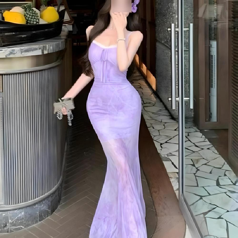 

Кружевная отделка, сращивание, маленькое свежее и модное платье на бретелях, женское летнее, слегка полное, большого размера, новое платье «рыбий хвост» XL- (recommended 110-60kg) фиолетовый