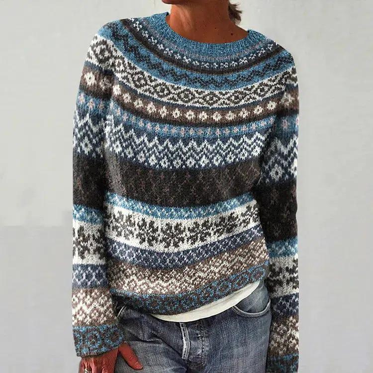 Women's Color Block Round Neck Loose Knit Pullover Sweater