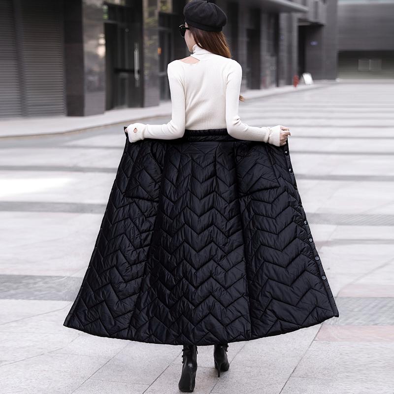 Daunen Plus Schwarz Gesteppt Baumwolle Größe Hohe Taille Vintage Frühling Herbst Winter Lässig Locker Lang Für Frau Röcke Damenrock