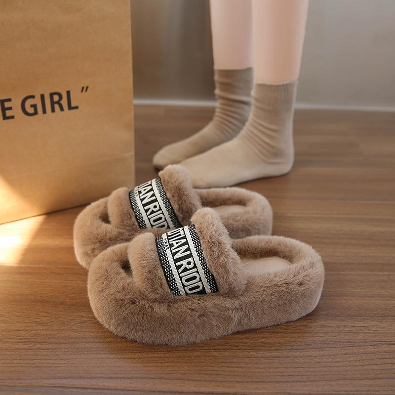 Thick-soled Fluffy Slippers for Women's Autumn and Winter Wear 2025 New Office Home Plush Slippers Popular Cotton Slippers