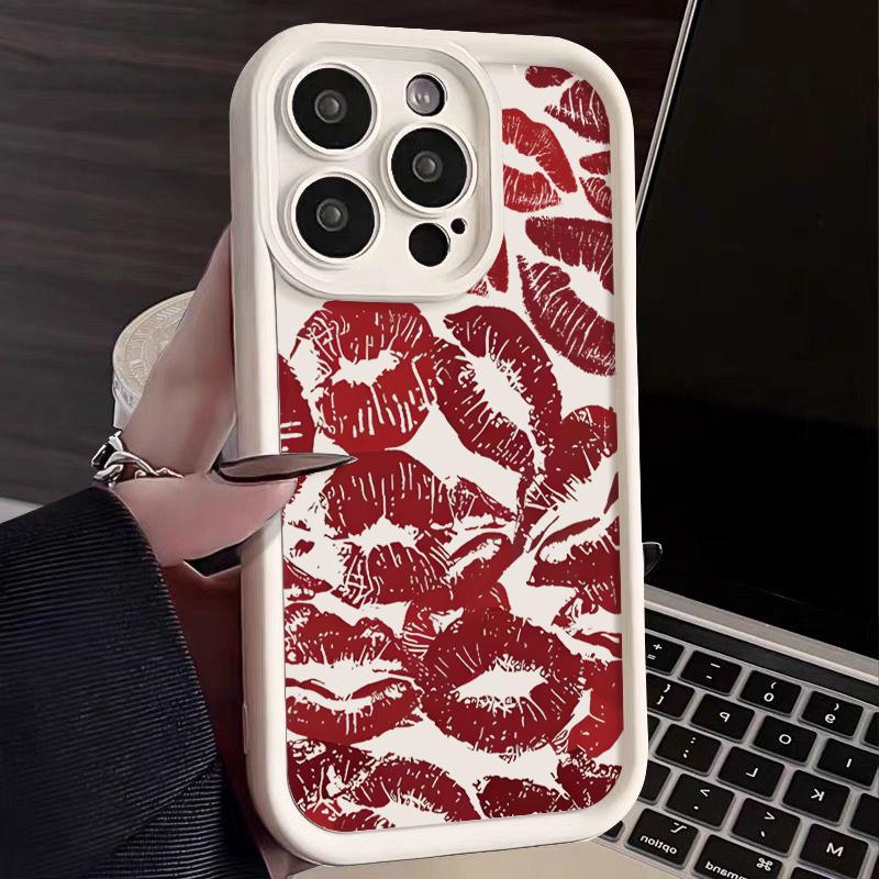 Funda de teléfono suave de TPU con estampado de labios rojos a la moda para iPhone 16 Pro Max 15 Plus 14 Pro 13 12 11 XR XS 8 7, protección de lente, cubierta de parachoques mate a prueba de golpes