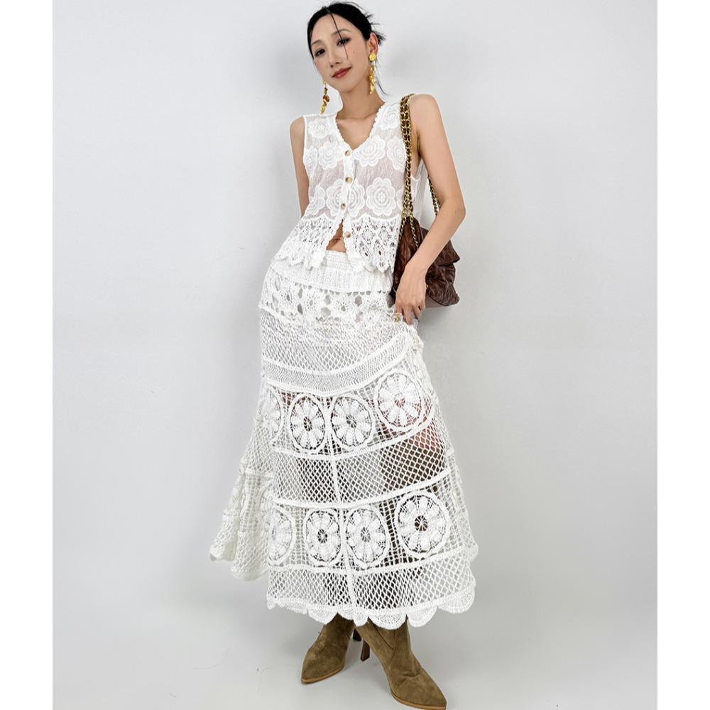 Dimanaf 2025 Neuer Anzug Rock Strick Strand Spitze Ärmellos Damen O-Ausschnitt Lochmuster Sommerstil Oberteile T-Shirts Locker Basic