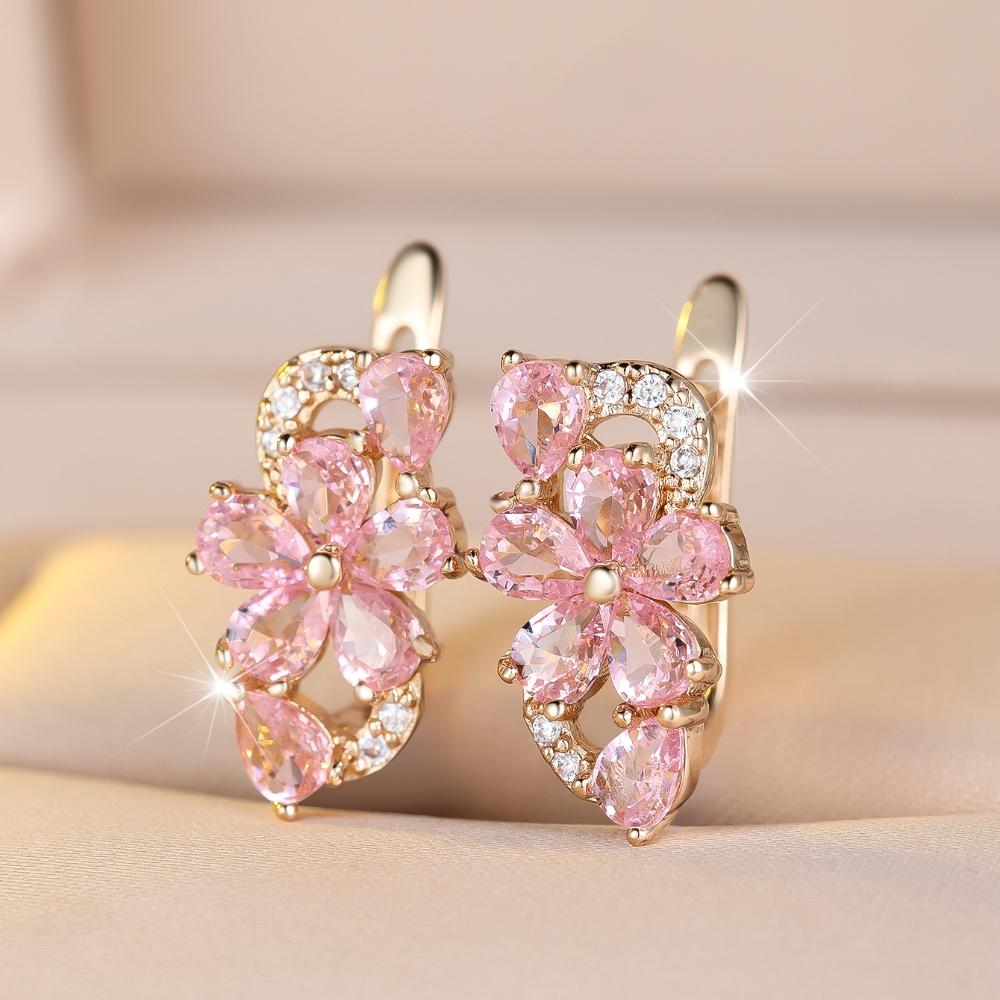 Exquisite Blue Green Purple Pink Zircon Flowers Drop Earrings for Women Gold Color Wedding Party Jewelry Gift