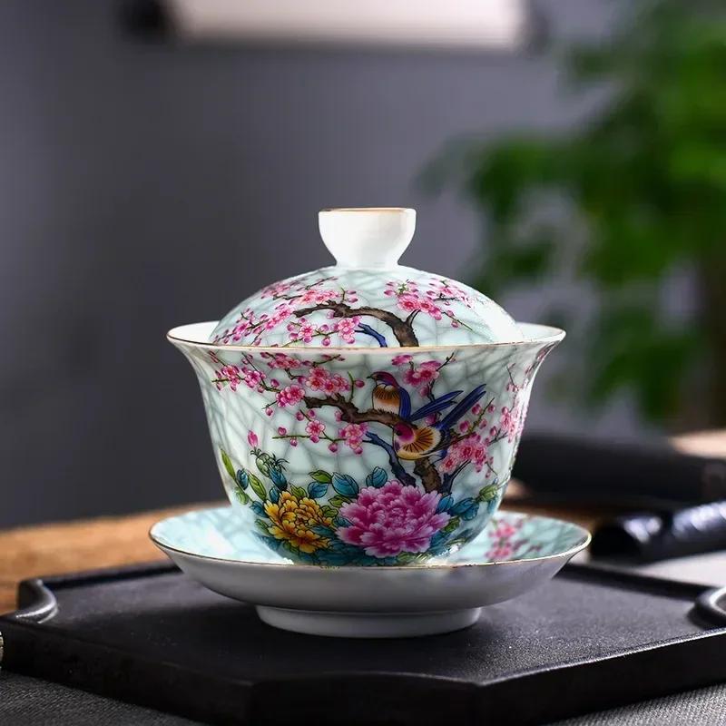 Jingdezhen-Chinese Gaiwan Tea Bowl, Household Porcelain Cups, Beautiful Teaware Teacup and Saucer Set, Ceramic Drinkware Tureen