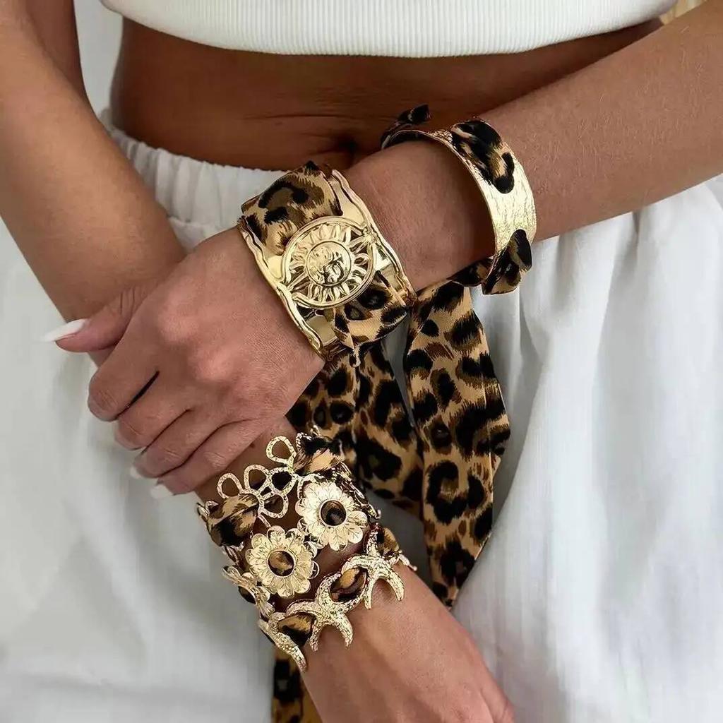 Salircon 7 Style Leopard Print Silk Scarf Cuff Bangle Retro Ethnic Style Polka Dot Ribbon-Wrapped Metal Wide Bracelet Wristband