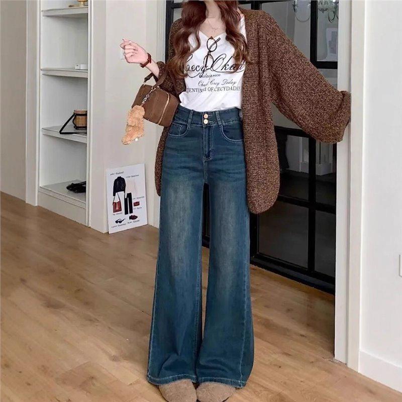 

2025 American Spicy Girl High-Waisted Wide-Leg Jeans for Petite Women: Relaxed Fit, Floor-Length, Double-Button Design. XL