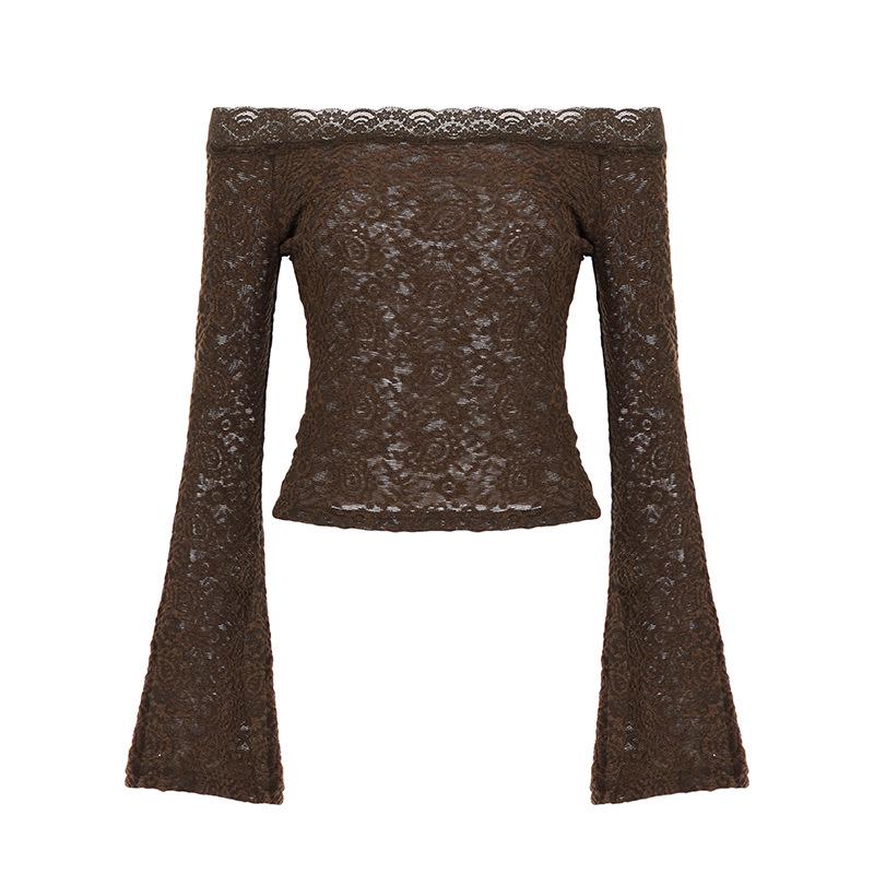

Melaleuca Brown One-Shoulder Lace Bell Sleeve Slim-Fit T-Shirt Small