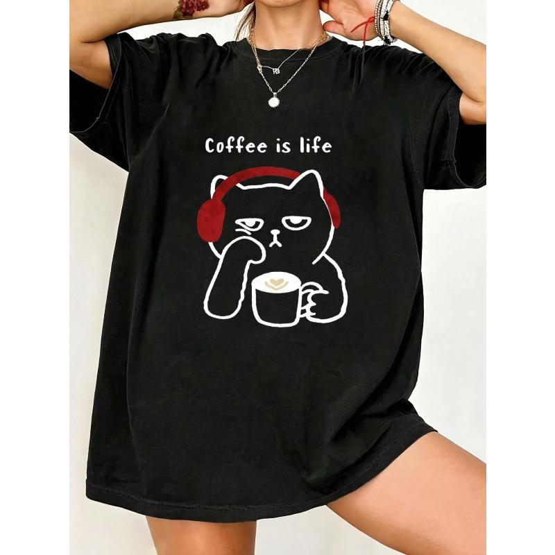 

Cotton T Shirt Black Coffee Is Life Cat With Headphones And Mug Graphic Print Casual Wear For Women Summer Outfit Streetwear Style XXXL чёрный