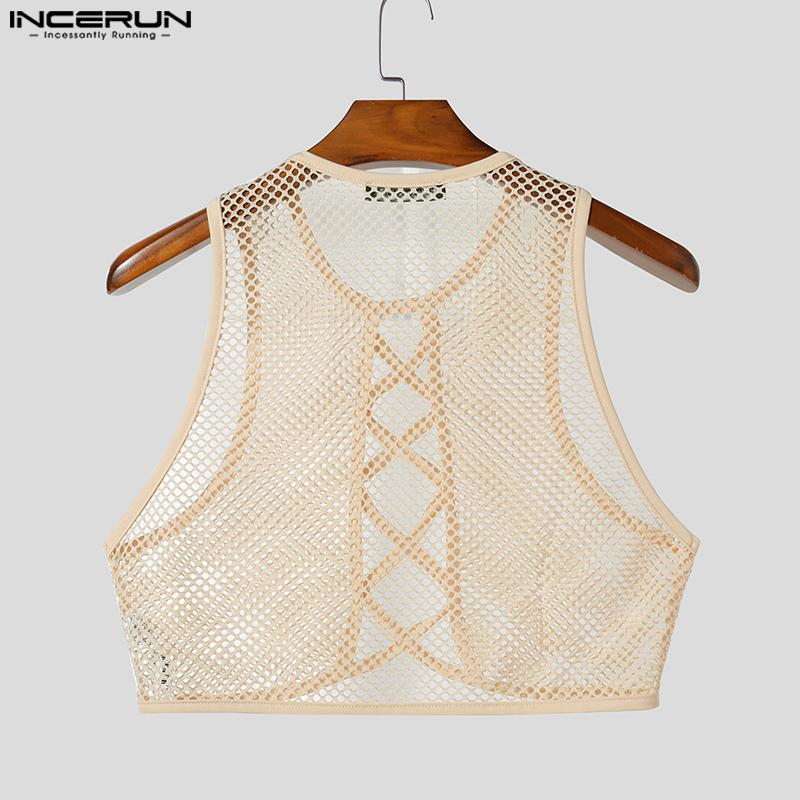 INCERUN Men Sleeveless Hollow Webbing See Through Cropped Tank Tops