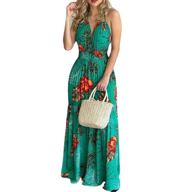Summer New Printed Backless Sexy Dress Women Fashion Halter High Waist Beach Casual Dress for Women Elegant Floral Holiday Long Dresses 24569