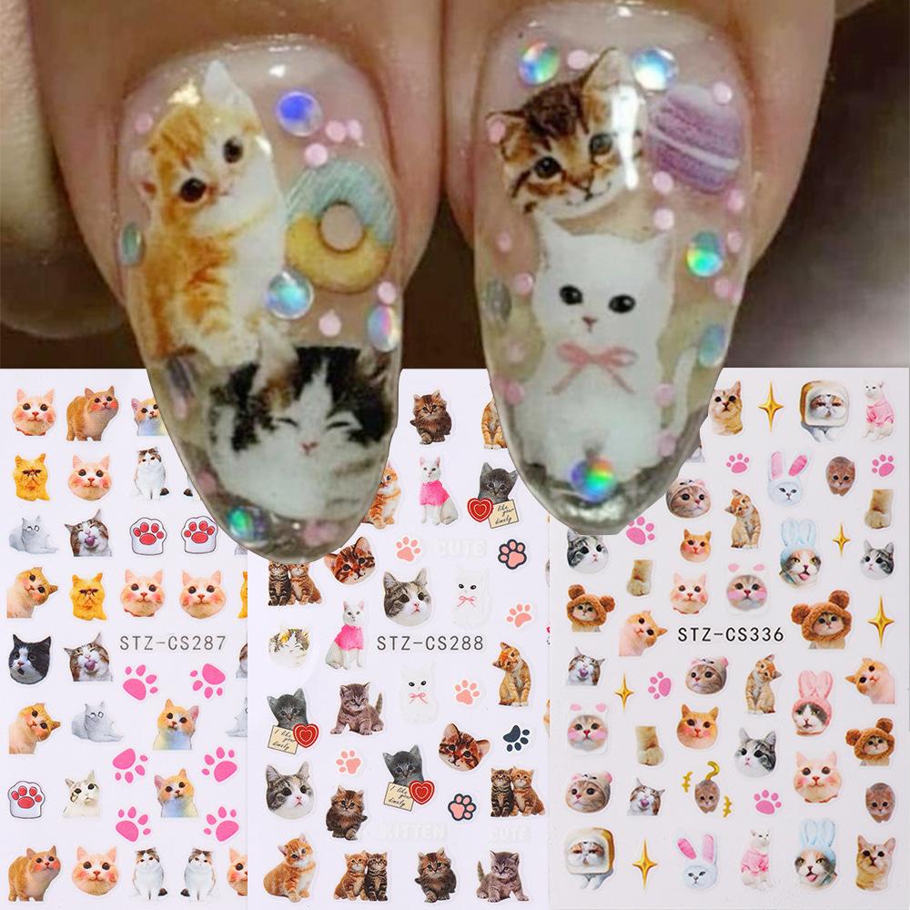 Nail Art Stickers, Cartoon Cute Pet Kitten Cat Expression Cat Paw Adhesive Nail Stickers
