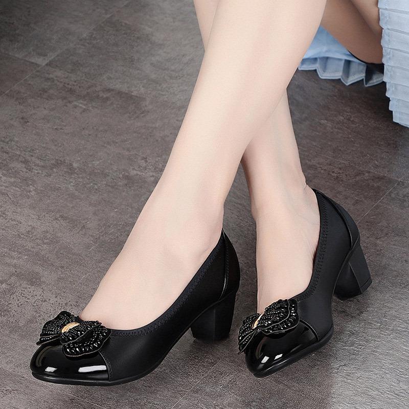 Elegant Woman's Fashion Shoes High Heels  New Spring Autumn Large Size 42 Rhinestone Bow PU Leather Shoes Women Shoes
