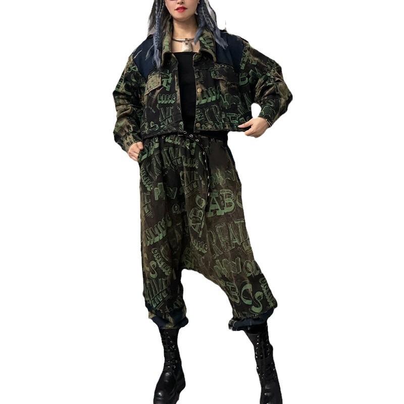 Personality trendy and cool old-fashioned printed denim lapel collar long-sleeved short jacket multi-pocket trousers two-piece set women's autumn