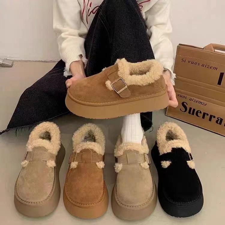 Thick Soled Plush Women's Snow Boots with Plush Insulation for Winter Thick and Wear-resistant Buckle Solid Color Ankle Boots