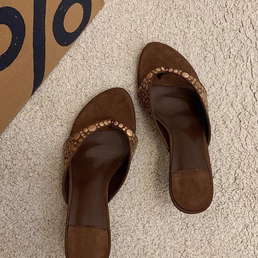 2026Women's Slippers Summer Vintage Rivets Clip Toe Designer High Heel Slippers Fashion Suede Outdoor Sexy Flip Flop Party